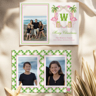 Watercolor Pink Flamingo Monogram Crest Photo Holiday Card