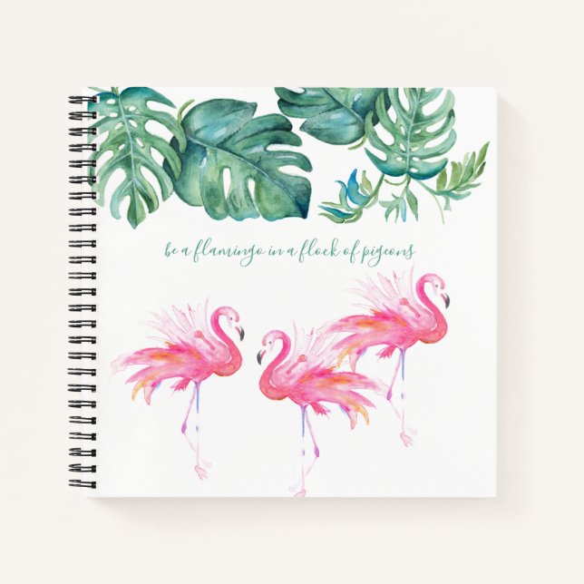 Watercolor Pink Flamingo Monstera Greenery Notebook (Front)