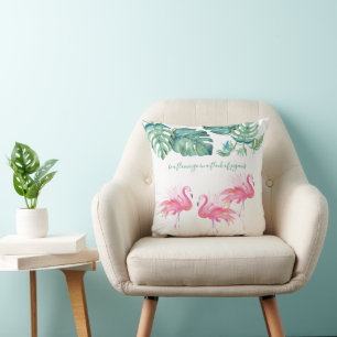 Watercolor Pink Flamingo Monstera Leaves Cushion