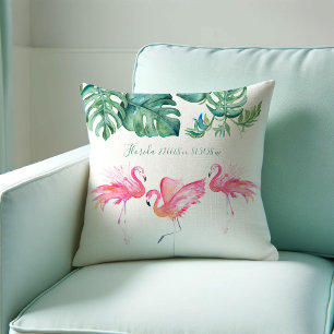 Watercolor Pink Flamingo Monstera Leaves Tropical Cushion