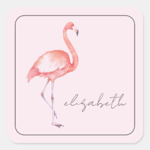 Watercolor Pink Flamingo Personalised Square Sticker