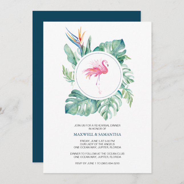 Watercolor Pink Flamingo Rehearsal Dinner Invitation (Front/Back)