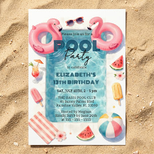 Watercolor Pink Flamingo Summer Pool Party Birthda Invitation