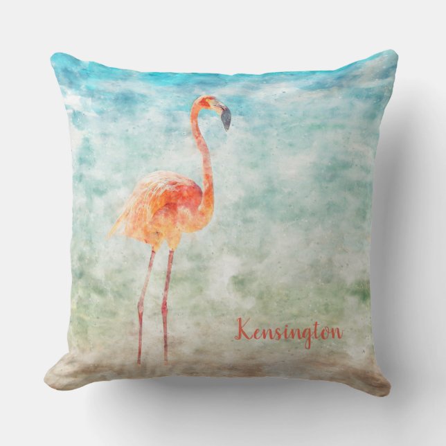 Watercolor Pink Flamingo | Tropical Beach Cushion (Front)