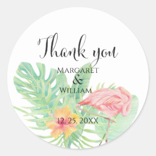Watercolor pink Flamingo & Tropical Greenery Classic Round Sticker