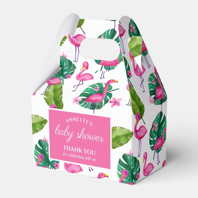 Watercolor Pink Flamingo Tropical Leaves Pattern Favour Box (Front Side)
