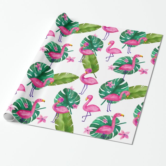 Watercolor Pink Flamingo Tropical Leaves Pattern Wrapping Paper (Unrolled)