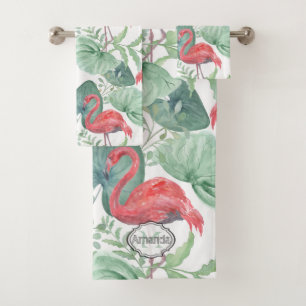 Watercolor Pink flamingos and leaves. Bath Towel Set