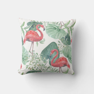 Watercolor Pink flamingos and leaves. Cushion