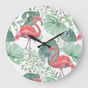 Watercolor Pink flamingos and leaves. Large Clock