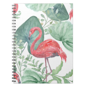 Watercolor Pink flamingos and leaves. Notebook