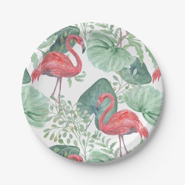 Watercolor Pink flamingos and leaves. Paper Plate (Front)