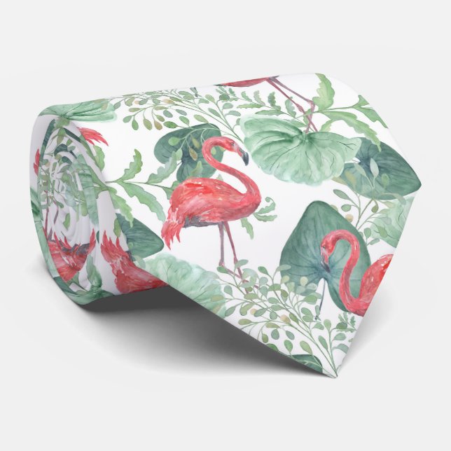 Watercolor Pink flamingos and leaves  Tie (Rolled)