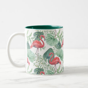 Watercolor Pink flamingos and leaves. Two-Tone Coffee Mug