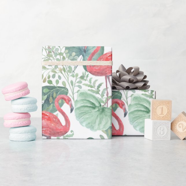 Watercolor Pink flamingos and leaves Wrapping Paper (Baby Shower)