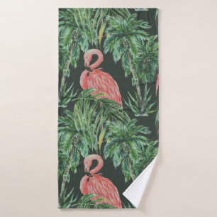 Watercolor pink flamingos, exotic birds, tropical bath towel
