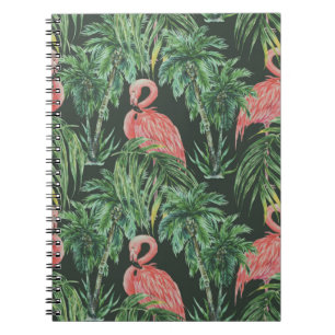 Watercolor pink flamingos, exotic birds, tropical notebook