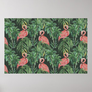 Watercolor pink flamingos, exotic birds, tropical  poster