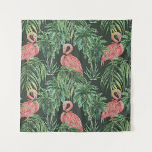 Watercolor pink flamingos, exotic birds, tropical tapestry