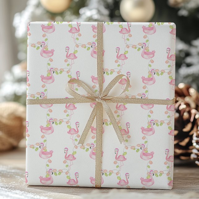 Watercolor Pink Flamingos & Lights Christmas Wrapping Paper (Creator Uploaded)