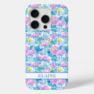 Watercolor Pink Flamingos Monogrammed iPhone 15 Pro Case