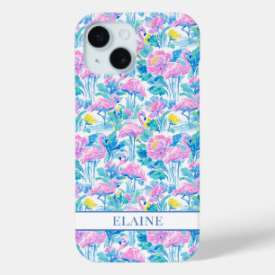 Watercolor Pink Flamingos Monogrammed iPhone 15 Case