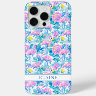 Watercolor Pink Flamingos Monogrammed iPhone 15 Pro Max Case