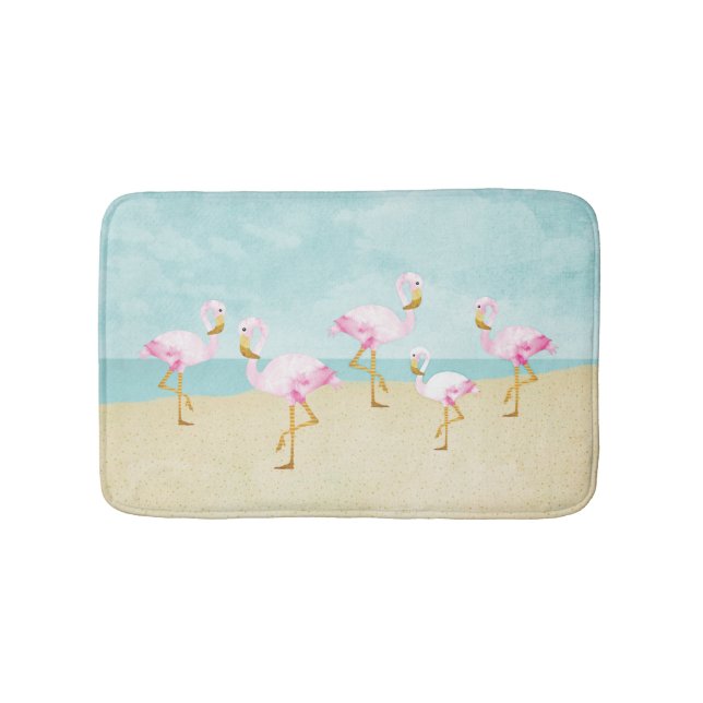 Watercolor Pink Flamingos on the Beach Bath Mat (Front)