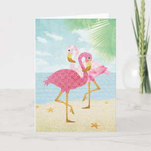 Watercolor Pink Flamingos on the Beach Card