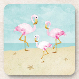 Watercolor Pink Flamingos on the Beach Coaster