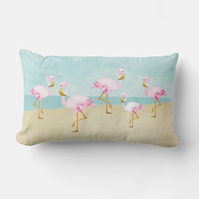 Watercolor Pink Flamingos on the Beach Lumbar Cushion (Front)