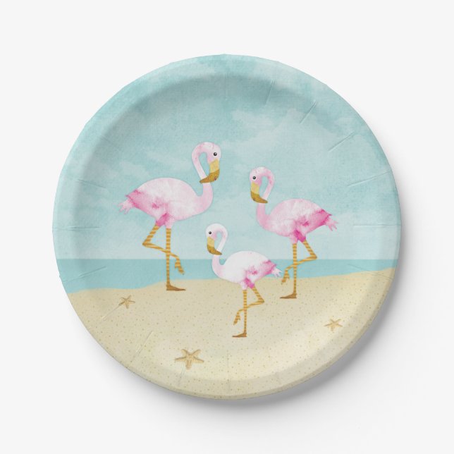 Watercolor Pink Flamingos on the Beach Paper Plate (Front)