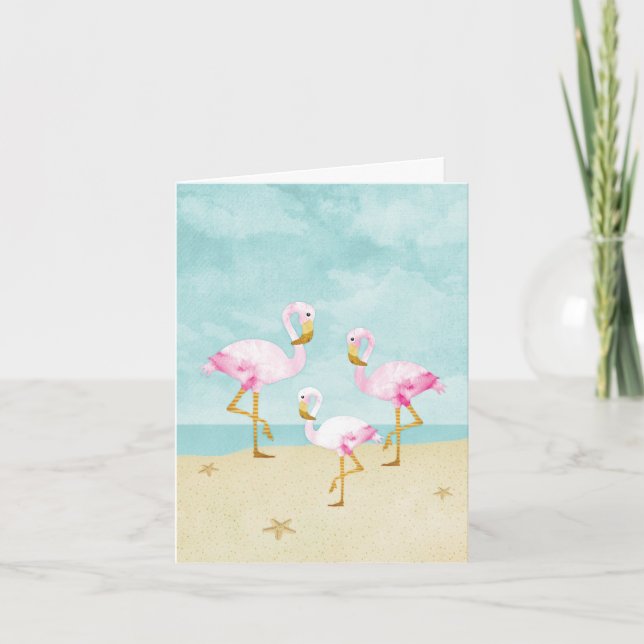 Watercolor Pink Flamingos on the Beach Thank You Card (Front)