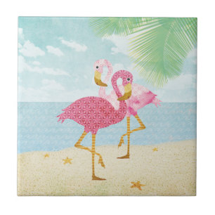 Watercolor Pink Flamingos on the Beach Tile