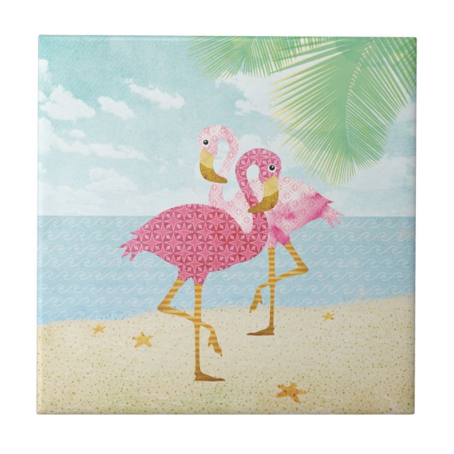Watercolor Pink Flamingos on the Beach Tile (Front)