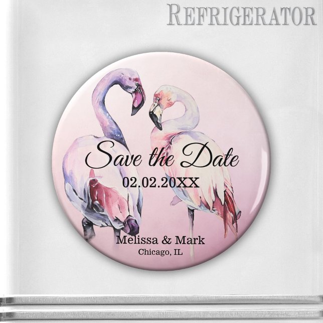 Watercolor Pink Flamingos Save the Date Magnet (Save the Date magnet featuring a watercolor painting of two flamingos on a pink background.)