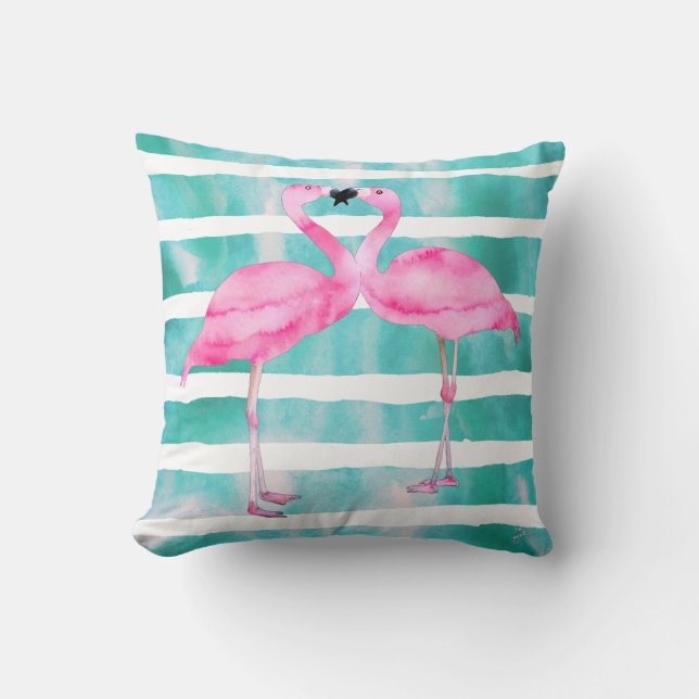 Watercolor Pink Flamingos Turquoise Stripes Cushion (Front)