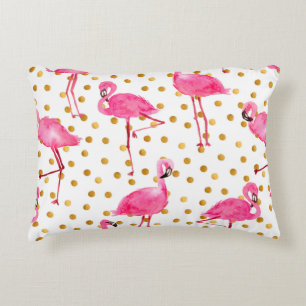 Watercolor pink flamingos with golden dots seamles decorative cushion
