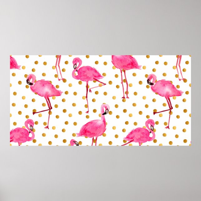 Watercolor pink flamingos with golden dots seamles poster (Front)