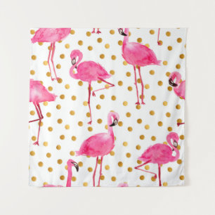 Watercolor pink flamingos with golden dots seamles tapestry