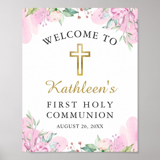 Watercolor Pink Floral 1st Holy Communion Welcome Poster (Front)