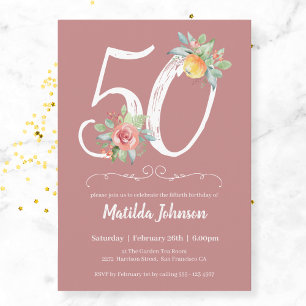 Watercolor Pink Floral 50th Birthday Party Invitation