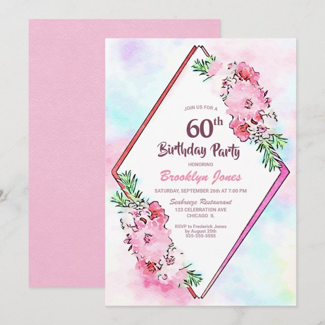 Watercolor Pink Floral 60th Birthday Party Invitation (Front/Back)