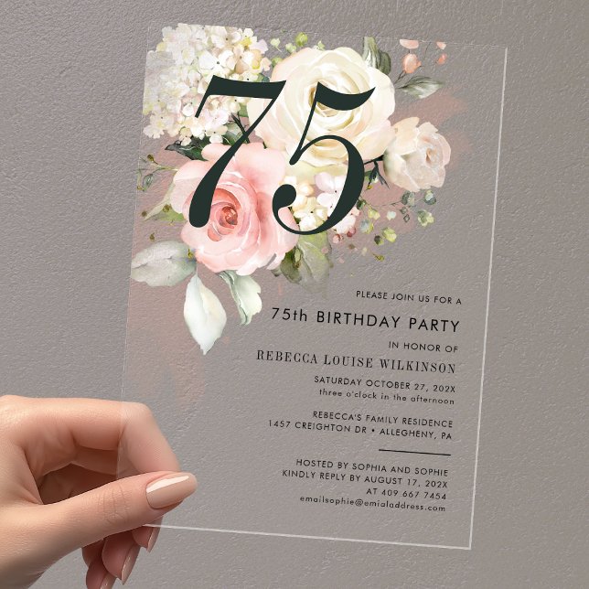 Watercolor Pink Floral 75th Birthday Party Acrylic Invitations (Watercolor Pink Floral 75th Birthday Party Acrylic Invitations)