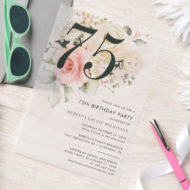 Watercolor Pink Floral 75th Birthday Party Vellum Invitations (Pink Floral 75th Birthday Party Vellum Invitation)