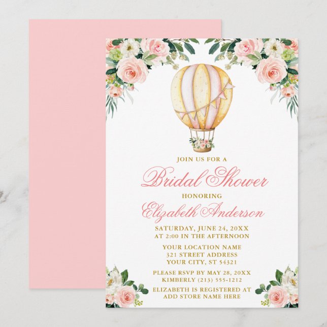Watercolor Pink Floral Air Balloon Bridal Shower Invitation (Front/Back)