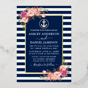 Watercolor Pink Floral Anchor Blue Stripes Gold
