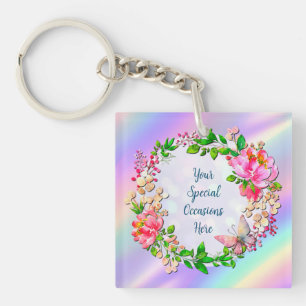 Watercolor Pink Floral and Butterfly Spring Throw Key Ring