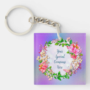 Watercolor Pink Floral and Butterfly Spring Throw Key Ring