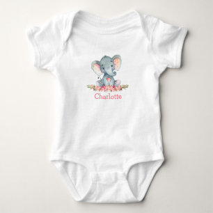 Watercolor Pink Floral Baby Elephant Bodysuit